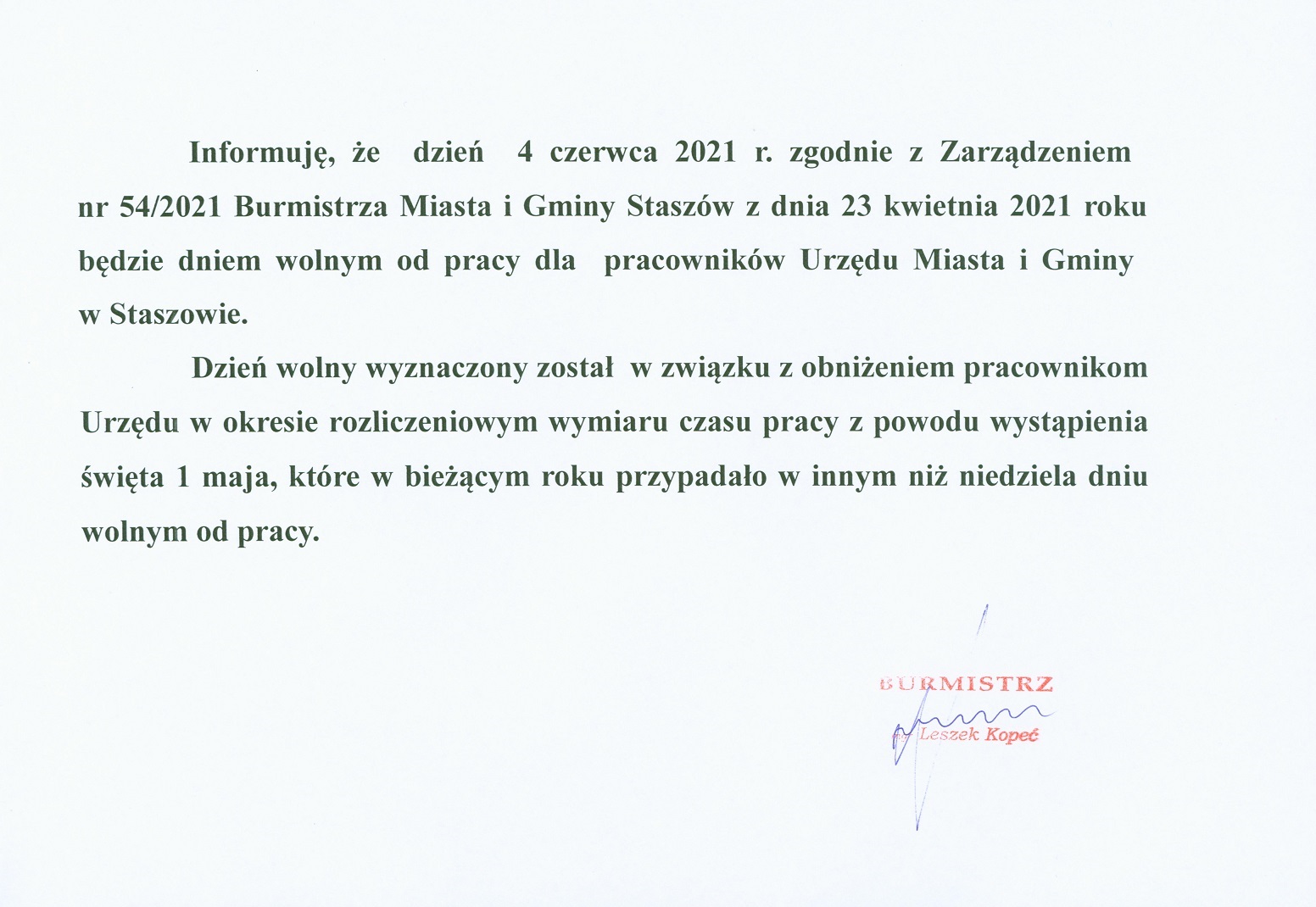 Zarządzenie nr 54 /2021 Burmistrza Miasta i Gminy Staszów z dnia 23 kwietnia 2021 roku